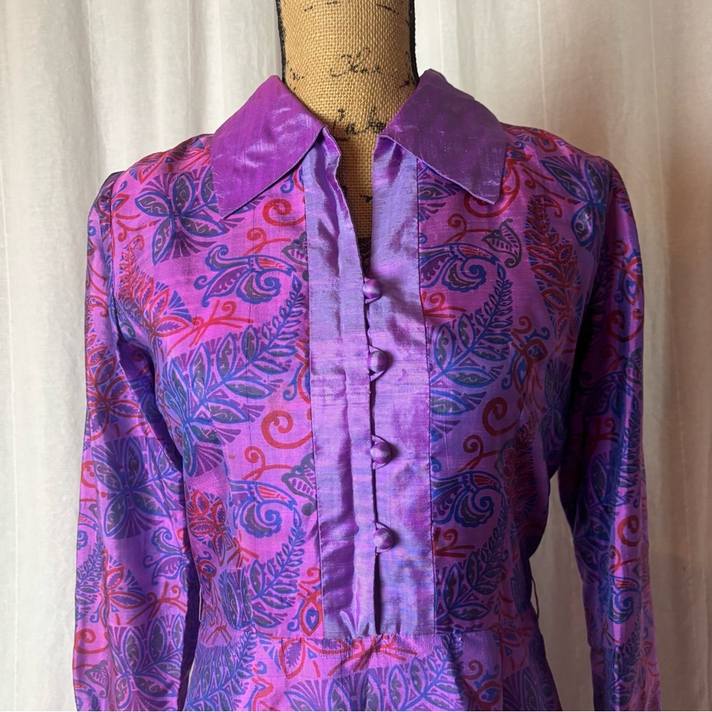Vintage Jarin Thai Silk President Hotel Midi Dress Purple Blue Print Sz Small 8 - Picture 4 of 8